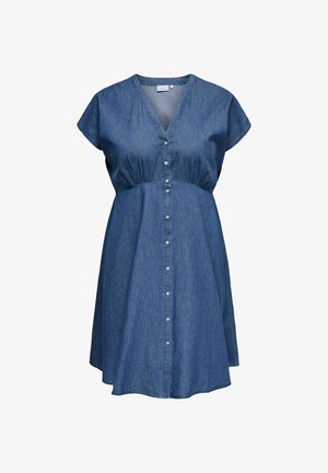 Modré rifľové šaty po kolená s výstrihom do V, krátkymi rukávmi, zošitým pásom a zapínaním na gombíky vpredu.