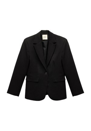 Schwarzer Blazer aus glattem Stoff, mit einem einzelnen Knopfverschluss, Reverskragen und zwei Fronttaschen. Klassisches, tailliertes Design.