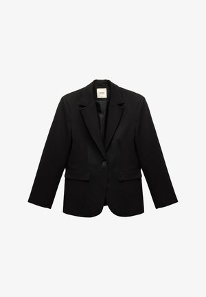 Czarna marynarka z gładkiego materiału, z zapięciem na jeden guzik, klapami i dwoma przednimi kieszeniami. Klasyczny krój.