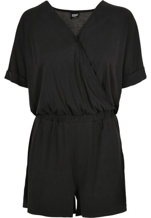 Black short-sleeve romper made from soft fabric, featuring a wrap front design, elastic waistband, and relaxed fit.