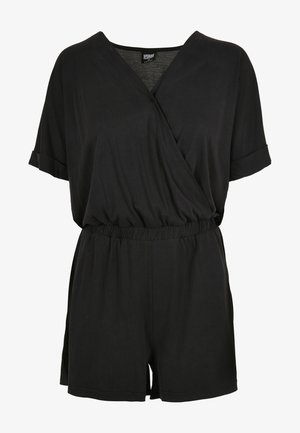 Black short-sleeve romper made from soft fabric, featuring a wrap front design, elastic waistband, and relaxed fit.