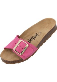 Sandalo a infradito in suede rosa con una fascia larga e una fibbia dorata, suola in sughero e una soletta imbottita. Tessuto leggero con bordi senza cuciture.