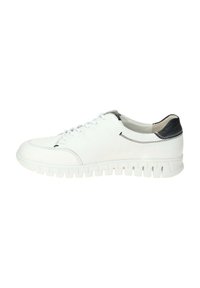 White leather sneaker with a rounded toe, lace-up front, and textured black heel accent. Features a flexible white rubber sole with grooves.