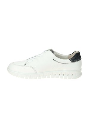White leather sneaker with a rounded toe, lace-up front, and textured black heel accent. Features a flexible white rubber sole with grooves.