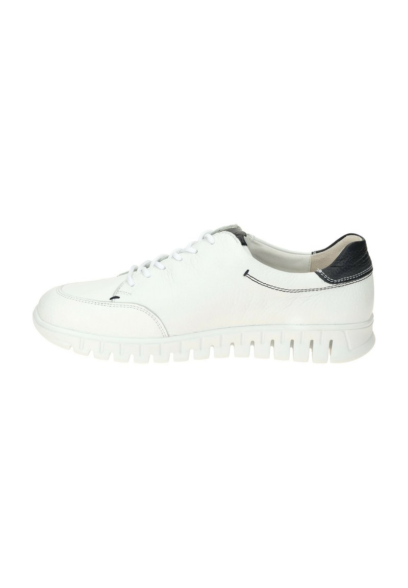White leather sneaker with a rounded toe, lace-up front, and textured black heel accent. Features a flexible white rubber sole with grooves.