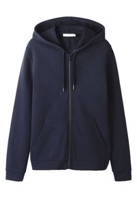 Marinblå zip-up hoodie tillverkad av mjukt material, med ett fodrat huva, två frontfickor och ribbade muddar och fåll.