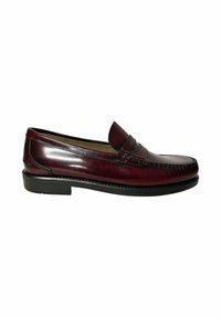 Burgundy leather loafer with a rounded toe, stitched detailing, and a low black heel. Smooth texture with a slip-on design.