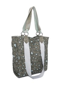 Canvas draagtas in kaki met een luipaardprint. Lichtblauwe accenten en grijze stoffen handvatten met metalen hardware. Ruimtelijk ontwerp, open bovenkant.