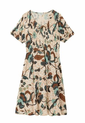 Kremowa sukienka z krótkim rękawem, z marszczonym stanem, kokardą przy dekolcie oraz wzorem kwiatowym w kolorach zielonym, brązowym i czarnym.