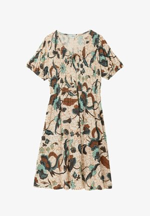 Kremowa sukienka z krótkim rękawem, z marszczonym stanem, kokardą przy dekolcie oraz wzorem kwiatowym w kolorach zielonym, brązowym i czarnym.