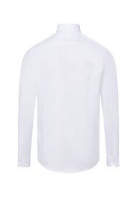 Camicetta bianca a maniche lunghe con colletto, caratterizzata da una trama liscia e polsini con bottoni, design minimalista e senza motivi o dettagli visibili.