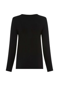 Maglietta nera a maniche lunghe con scollo rotondo. Texture liscia, senza motivi visibili. Design semplice, vestibilità standard.