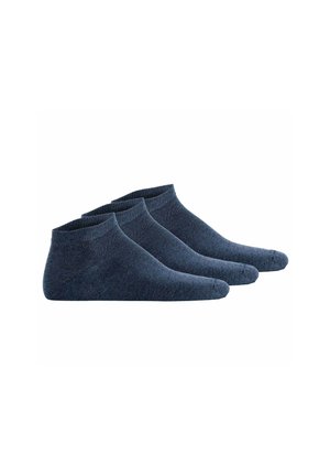 Drei Paar dunkelblaue Knöchelsocken aus weichem Stoff, mit gerippten Bündchen und glatter Textur, die für Komfort und Passform entwickelt wurden.