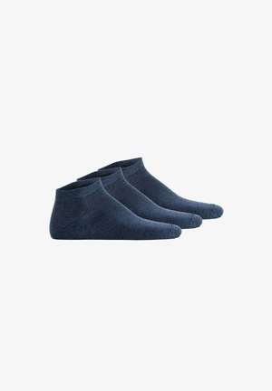 Three pairs of dark blue ankle socks, made of soft fabric, featuring ribbed cuffs and a smooth texture, designed for comfort and fit.