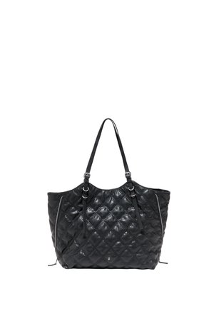 Sac cabas en cuir noir matelassé avec double anses d'épaule et détails de fermeture éclair argentée sur les côtés.