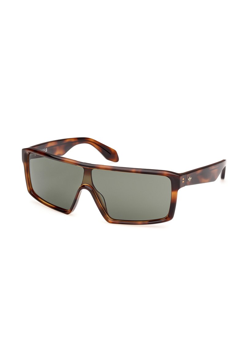 Brown tortoiseshell sunglasses with angular frames and green lenses. Features solid arms with subtle branding and a smooth finish.