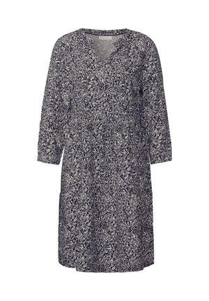 Laivansinis mekko, jossa on kukkakuosi, v-pääntie ja kolmanneksen pituiset hihat. Kevyestä kankaasta valmistettu, varustettu joustavalla vyötäröllä.