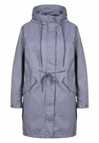 Jasnofioletowy, średniej długości płaszcz z kapturem, z regulowanym paskiem w talii, dwoma kieszeniami z przodu i zapinany na guziki przy rękawach. Gładki materiał, casualowy design.