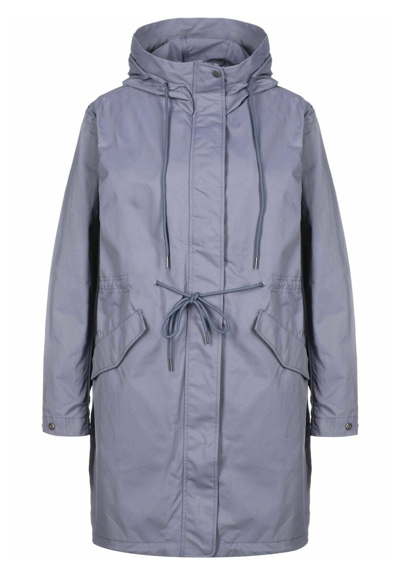 Jasnofioletowy, średniej długości płaszcz z kapturem, z regulowanym paskiem w talii, dwoma kieszeniami z przodu i zapinany na guziki przy rękawach. Gładki materiał, casualowy design.