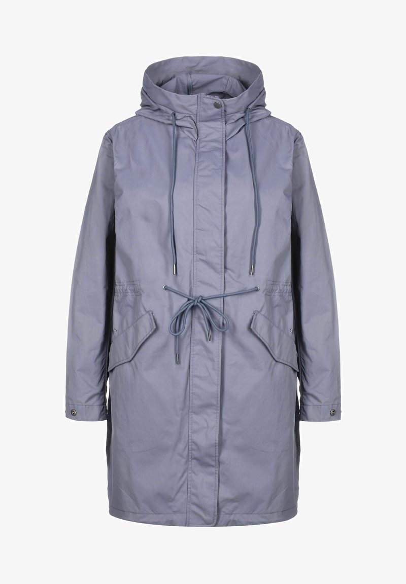 Jasnofioletowy, średniej długości płaszcz z kapturem, z regulowanym paskiem w talii, dwoma kieszeniami z przodu i zapinany na guziki przy rękawach. Gładki materiał, casualowy design.
