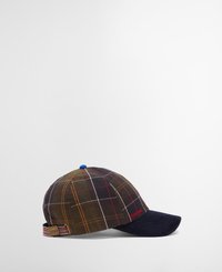 Boné xadrez com uma mistura de tons de verde, castanho e laranja, com um visor sólido em azul-marinho e um botão superior azul. Fivela ajustável multicolor nos fundos.