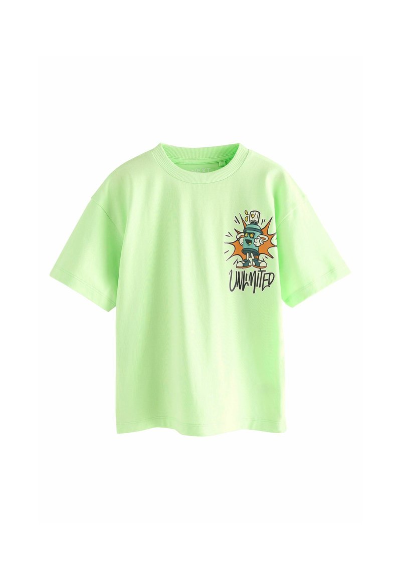 Hellgrünes kurzärmliges T-Shirt aus Baumwolle. Verfügt über eine Cartoon-Grafik mit einer Figur und dem Wort "UNLIMITED" in Schwarz.