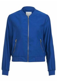 Giacca bomber blu con zip frontale, due tasche laterali con zip, polsini a costine e una vestibilità rilassata. Tessuto liscio con finitura opaca.