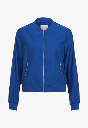 Blue bomber jacket with a zip front, two side zip pockets, ribbed cuffs, and a relaxed fit. Smooth fabric with a matte finish.