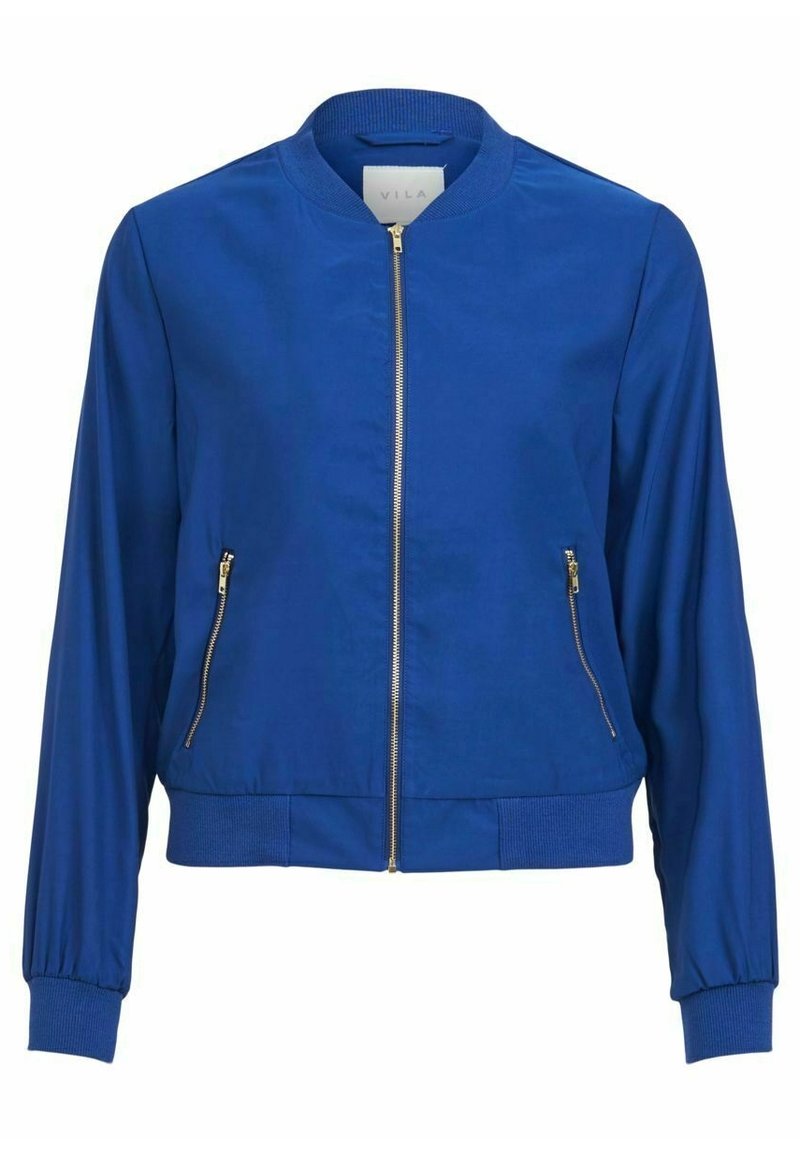 Giacca bomber blu con zip frontale, due tasche laterali con zip, polsini a costine e una vestibilità rilassata. Tessuto liscio con finitura opaca.