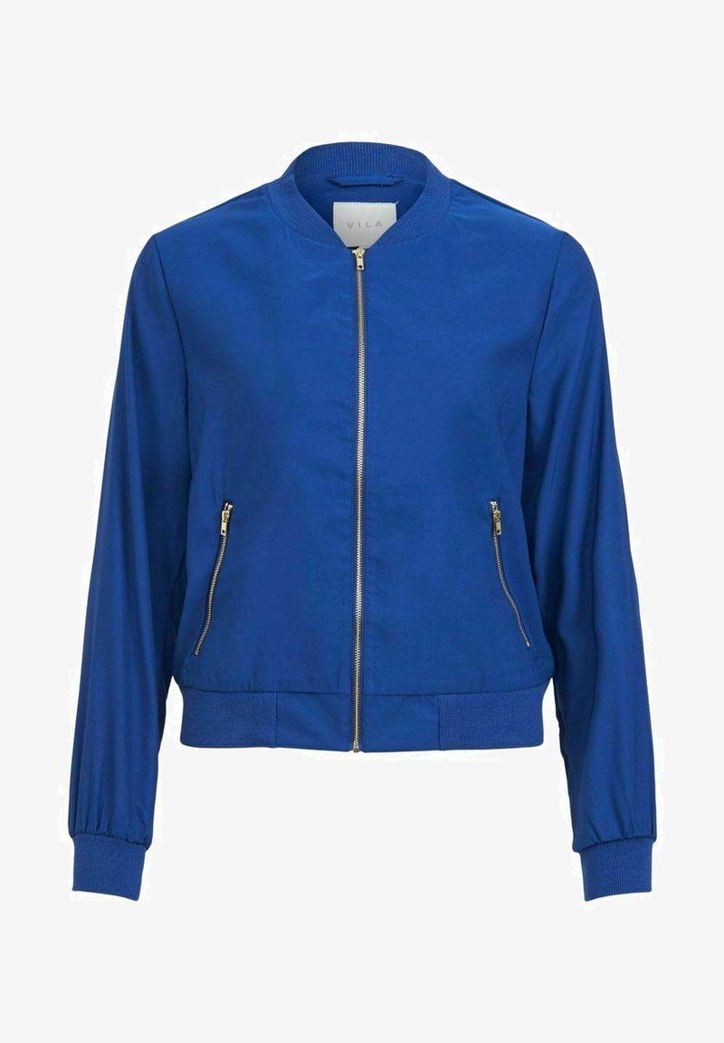 Giacca bomber blu con zip frontale, due tasche laterali con zip, polsini a costine e una vestibilità rilassata. Tessuto liscio con finitura opaca.