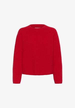 Punainen neulepusero, jossa on pyöreä kaulus, pitkät hihat ja laatikkomainen muoto. Kangas sisältää teksturoidun ribbikuvion kauttaaltaan.