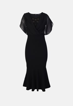 Black dress featuring a fitted bodice with a wrap-style V-neck, sheer flutter sleeves, and a flared hem at the knee. Intricate bead detailing on the neckline.