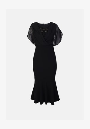 Black dress featuring a fitted bodice with a wrap-style V-neck, sheer flutter sleeves, and a flared hem at the knee. Intricate bead detailing on the neckline.