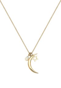 Collier en or avec un pendentif en forme de croissant de lune, un charme étoile et une pierre opalescente en forme de goutte d'eau, sur une chaîne délicate.