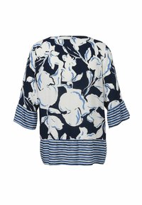 Bluse mit floralem Muster, dunkelblauen und hellblauen Blumen auf weißem Hintergrund. Mit gestreiftem Saum in Navy und Blau sowie Rüschenärmeln.