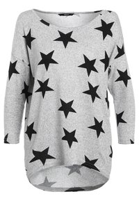 Haut gris à manches longues avec motif d'étoiles noires, présentant un décolleté large et un ourlet arrondi. Fabriqué en tissu doux et texturé.