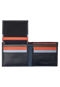 Portafoglio in pelle nera con più slot per carte e una tasca con zip. Presenta dettagli arancioni e blu chiaro e una fodera in tessuto testurizzato.