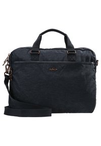 Sort stof aktetas med tekstureret overflade, dobbelt håndtag, justerbar skulderrem, frontlomme med lynlås og Kipling-logo som accent.