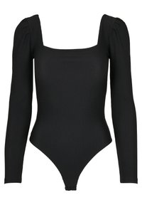 Svart långärmad bodysuit med fyrkantig halsringning. Tillverkad av ribbat material, har en figurnära design och trosa med hög skärning som framhäver silhuetten.