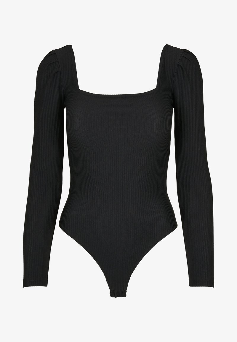 Black long-sleeve bodysuit with a square neckline. Made of ribbed fabric, features fitted design and thong bottom cut, enhancing the silhouette.