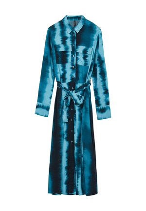 Long-sleeve teal and black tie-dye shirt dress with front buttons, chest pockets, a collar, and a waist belt tied in a bow.