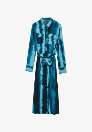 Long-sleeve teal and black tie-dye shirt dress with front buttons, chest pockets, a collar, and a waist belt tied in a bow.