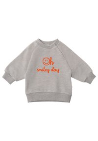 Grey sweatshirt with raglan sleeves, ribbed cuffs and hem, featuring orange text: "Oh smiley day" with a smiley face graphic.