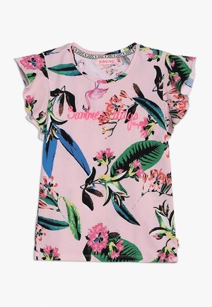 Pink kortærmet baby T-shirt med flæseærmer, blomstret og flamingotryk samt teksten "Summer holidays Vingino" foran.