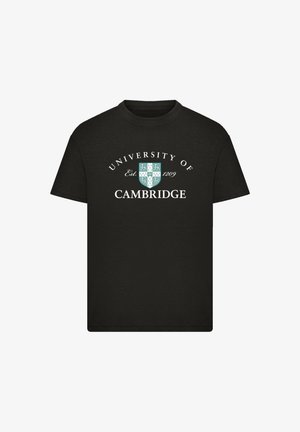 Schwarzes Baumwoll-T-Shirt mit weißem Text "University of Cambridge" über einem Wappen-Logo mit türkisfarbenen Akzenten. Kurze Ärmel und Rundhalsausschnitt.
