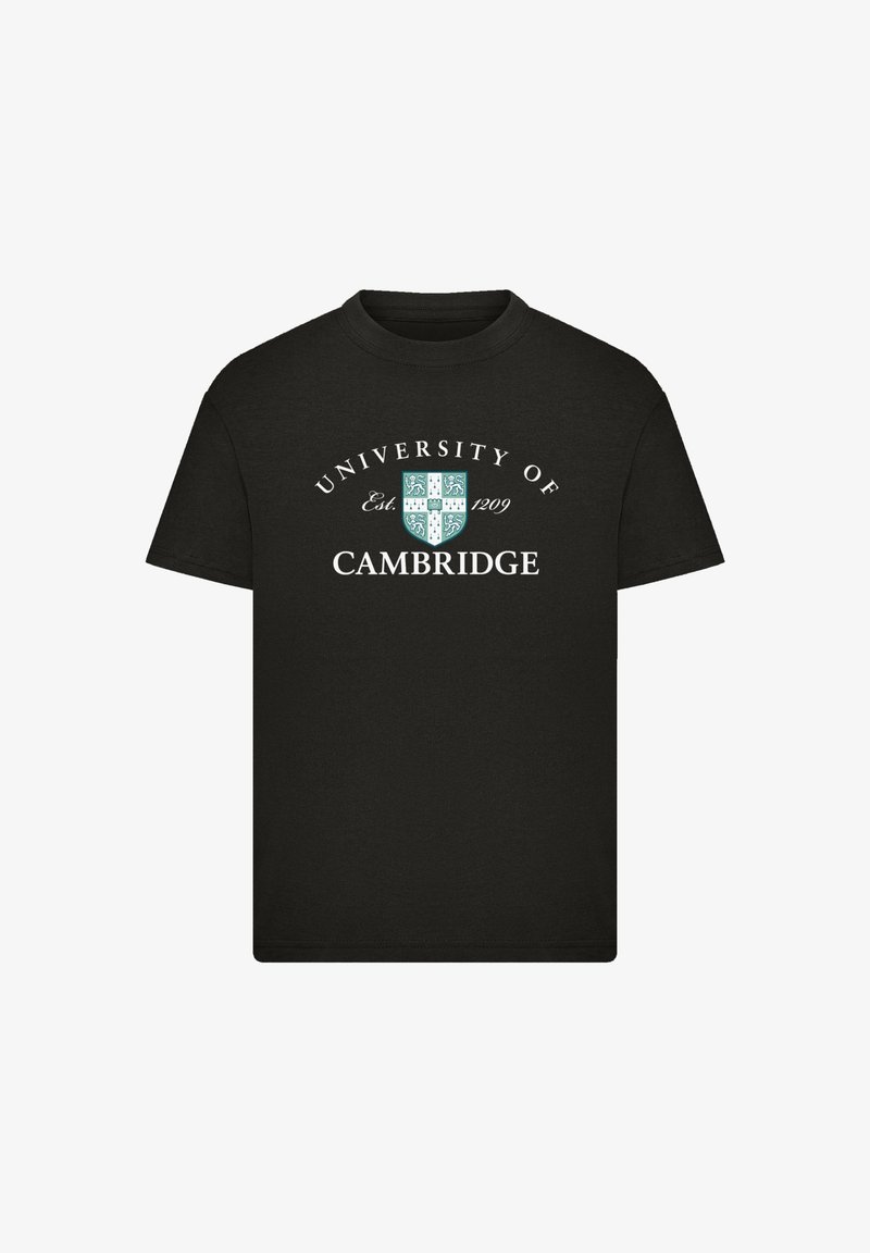 Schwarzes Baumwoll-T-Shirt mit weißem Text "University of Cambridge" über einem Wappen-Logo mit türkisfarbenen Akzenten. Kurze Ärmel und Rundhalsausschnitt.