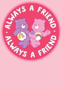 Två tecknade björnar, en lila och en rosa, sitter sida vid sida mot en rosa bakgrund. Texten lyder: "Alltid en vän." Varje björn har färgglada detaljer på sina magar.