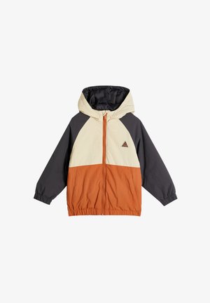 Lichtgewicht jack met capuchon, voorzien van oranje, crème en donkergrijze panelen, elastische manchetten, een ritssluiting aan de voorkant en een klein logo.