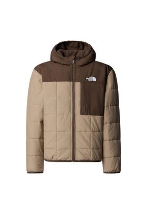 Gewatteerd donsjack met capuchon, ontworpen met een doorgestikt patroon, in beige en bruine kleuren, met een fleecegevoerde kraag en een borstzak aan de linkerkant.