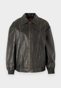 Black leather jacket with a structured collar, front zipper, and elasticized cuffs. Features visible seams and a soft texture.